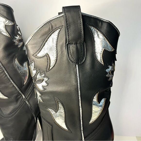 Free People Sparks Fly Cowboy Boots Black and Silver Pull‎ On Leather 6.5 NIB - Picture 4 of 16